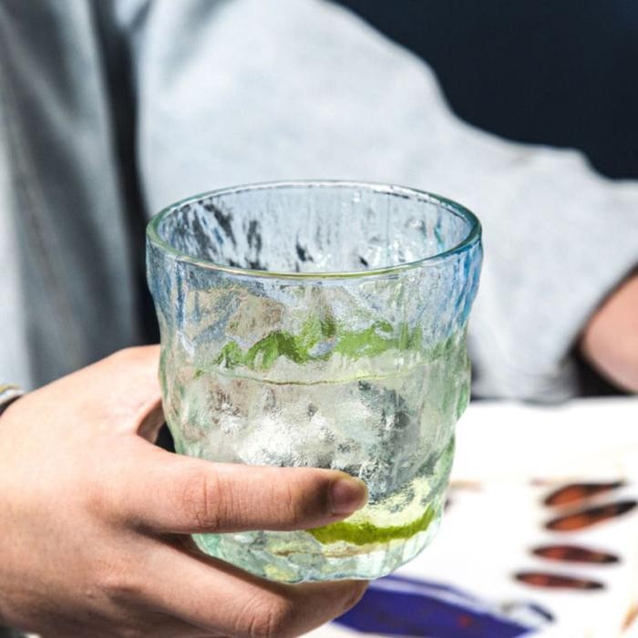 U-Living Gelas Minum Gelas Kaca Ins Viral Gelas Cantik Cangkir Kaca Gradiansi Biru Whiskey Pink