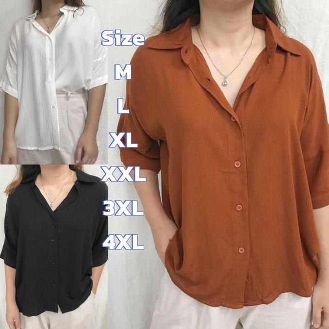 BAJU KEMEJA ATASAN HEM BLOUSE AIRFLOW CRINKLE KERAH V NECK KULIAH HITAM LENGAN 3 4 OOTD POLOS BASIC 