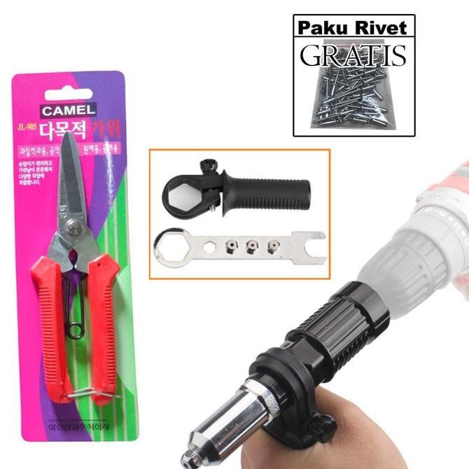Produk Terbaik] Paket Gunting Seng, Gunting Baja Ringan, Aluminium, dan Adaptor Tang Paku Rivet Elek