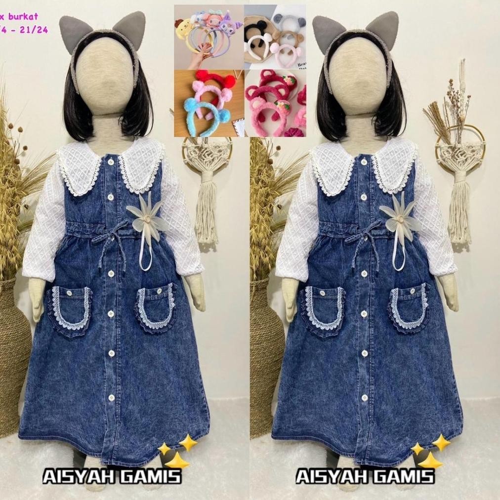 ( FREE BANDO KARAKTER ) GAMIS LEBARAN ANAK PEREMPUAN ZAHRA FULL JEANS SEMI GAMIS MIX BRUKAT RENDA LE