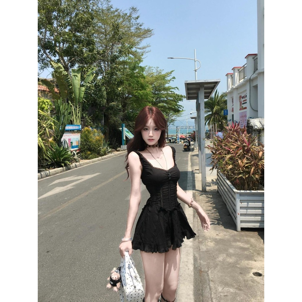 NALII COD Gaun suspender renda hitam cewek seksi pinggang ramping wanita rok pendek A-line