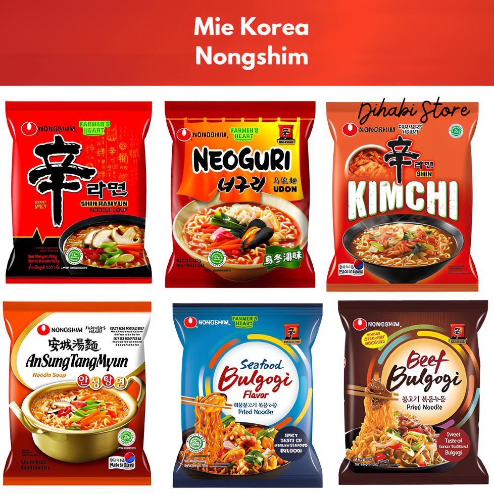

Mie Instant Korea Nongshim Halal Shin Ramyun , Neoguri , Kimchi , Cham Pong , Soon Veggie , Chapagetti , Bulgogi, Ansungtangmyun
