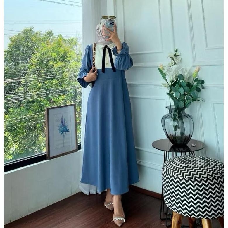 Liyra Gamis Polos Kombinasi Crinkle Airflow Ld 110 Busui Friendly // Gamis Kombinasi // Gamis Polos 