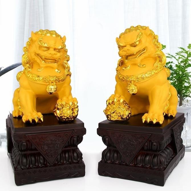Patung Fu Dog Emas Sepasang Pajangan Qilin Singa Fu Hoki Hongsui KAYU Termurah