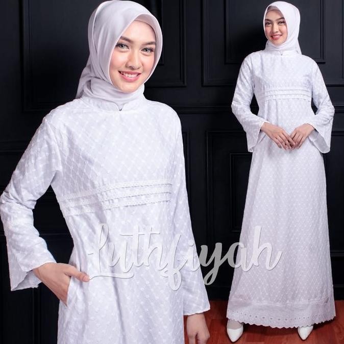 GAMIS UMROH PUTIH KATUN JEPANG BERmotif / GAMIS UMROH PUTIH / GAMIS UMROH PREMIUM Katun Poliester Po