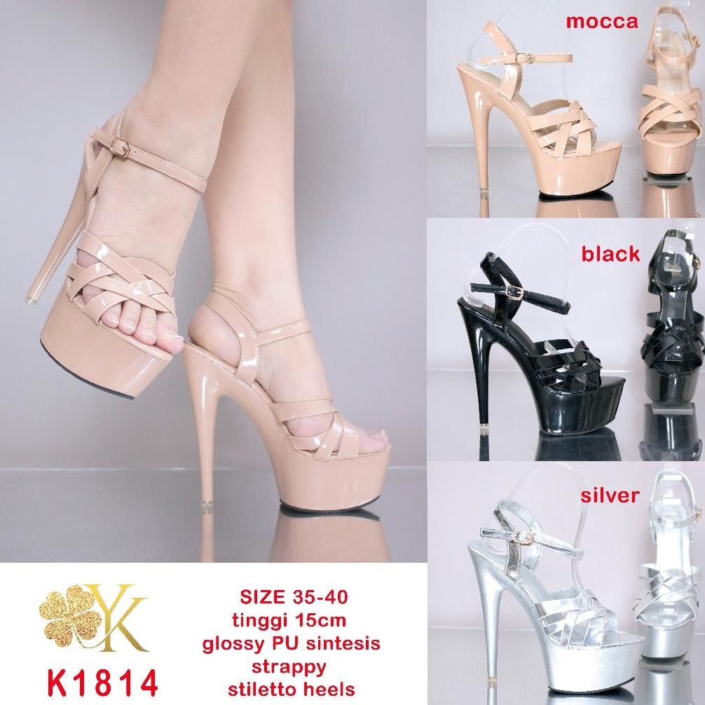 YKshoes 1814 heels 15cm strappy stiletto heels sepatu hak tali wanita black silver cream sepatu hak 