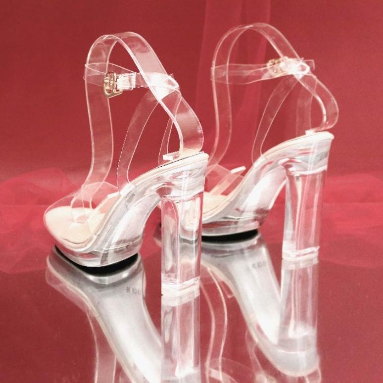 YKshoes 1713 heels 12cm strappy big chunky heels clear transparan kaca heels hak pendek heels import