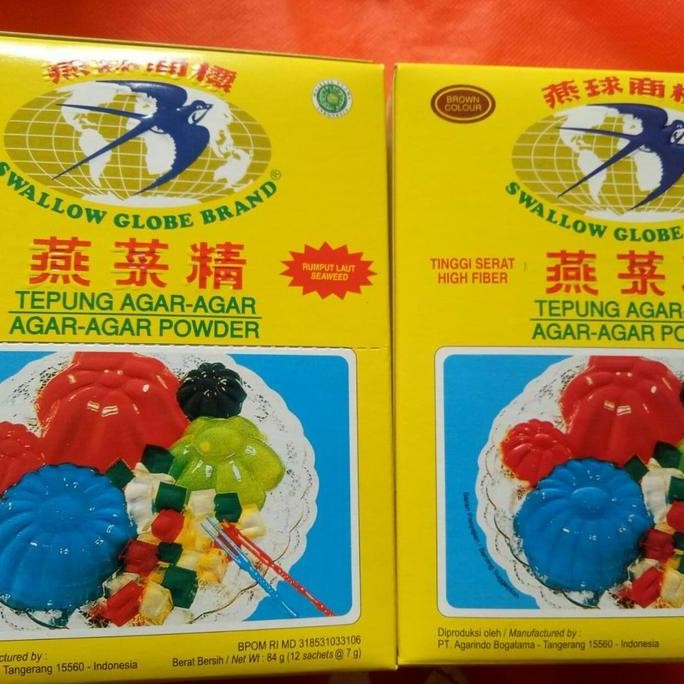 

Tepung Agar-agar Swallow Globe Brand satu dus kecil isi 12 sachet.