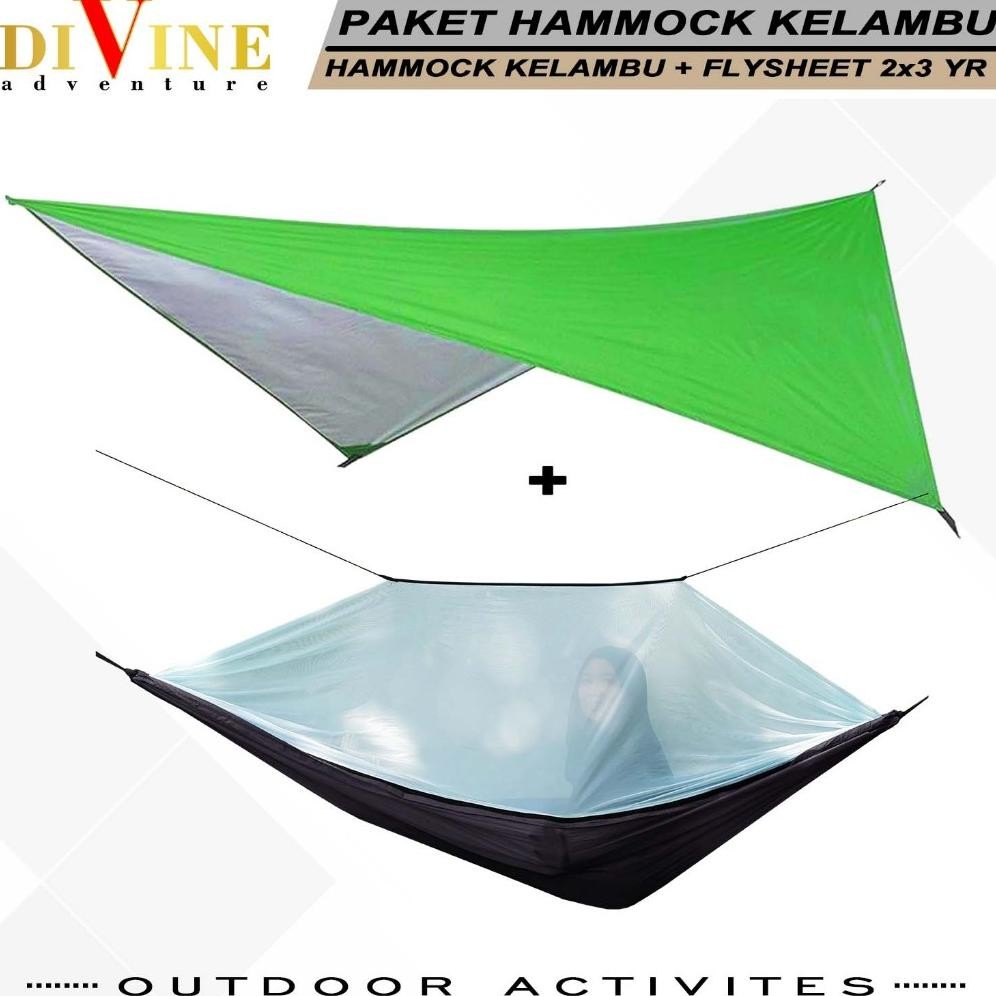 Paketan Hammock Kelambu + Flysheet Tenda Waterproof 2X3 Yard Paket Hammock Flysheet Camping Murah