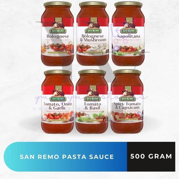 

PROMO SAN REMO PASTA SAUCE BOLOGNESE MUSHROOM / SPICY TOMATO BASIL ONION GARLIC CAPSICUM / NAPOLITANA 500 GRAM