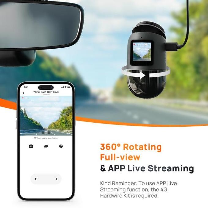 70Mai Dash Cam Omni X200 (64Gb) 360 Full View 4G Connect Hd 1080P Fov 140 Kamera Depan Dasbor Mobil 