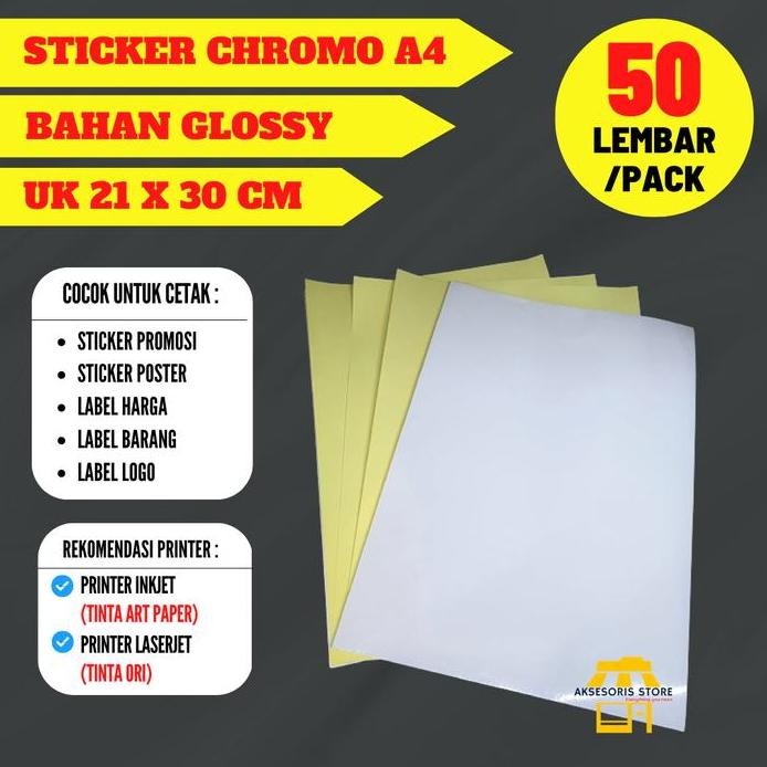 

ready STICKER CHROMO A4 ISI 50 LEMBAR / KERTAS STIKER GLOSSY MENGKILAP A4