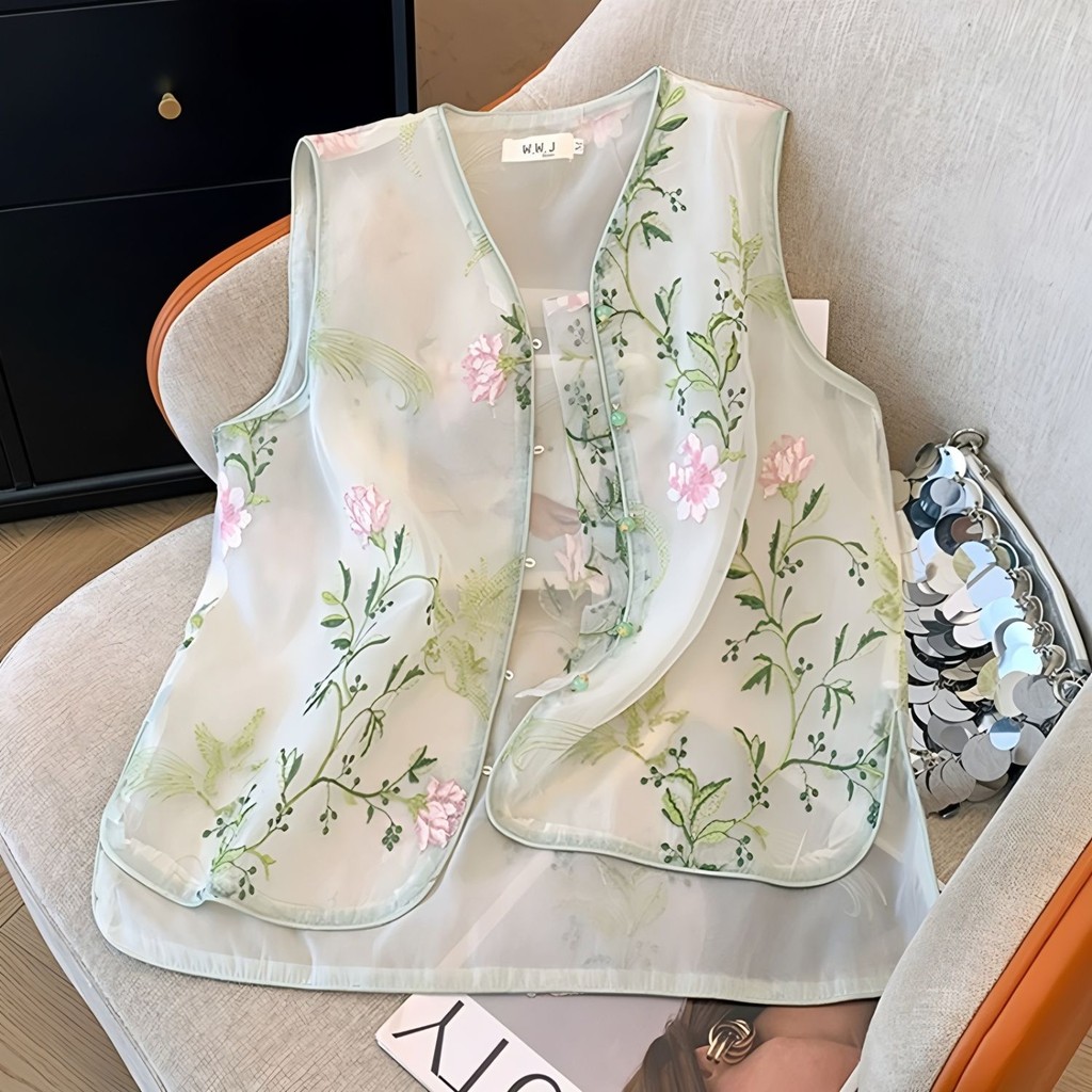 Rompi Gaya Cina Baru Wanita/Rompi Tanpa Lengan Bordir Berat Vintage/Atasan Jaket Rompi