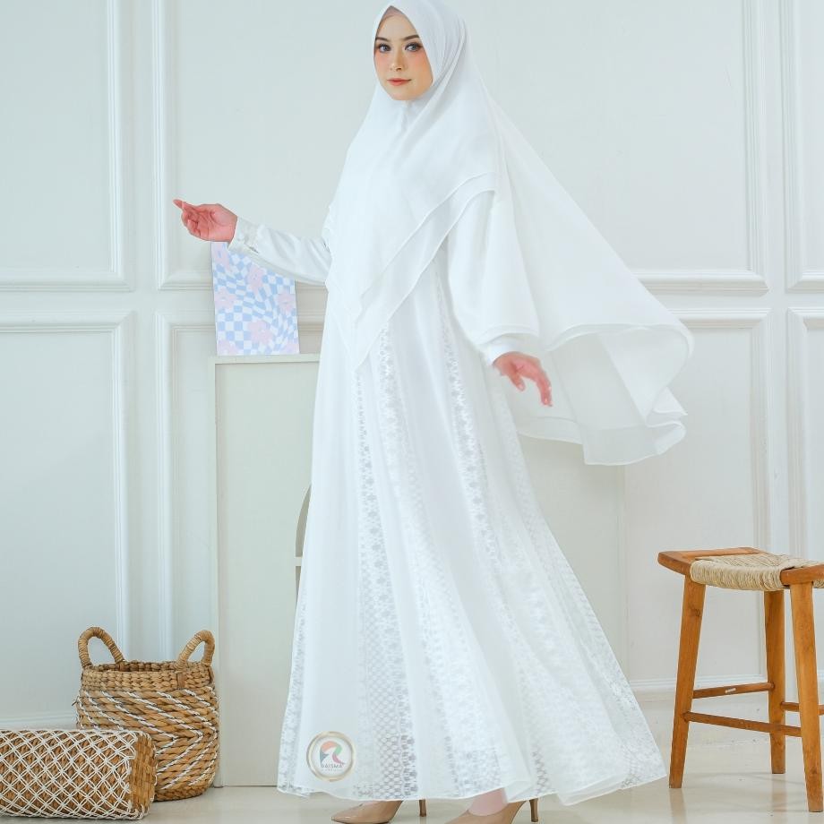 SEMPOL Raisma - Gamis Putih Syari model Mix Brokat Zubaidah