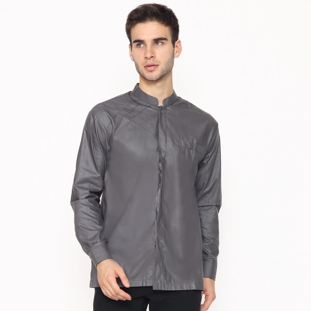 SEMPOL ALAWI - Asakhi Baju Koko Hadroh Pria Lengan Panjang Motif Marvel Warna Abu M L XL XXL