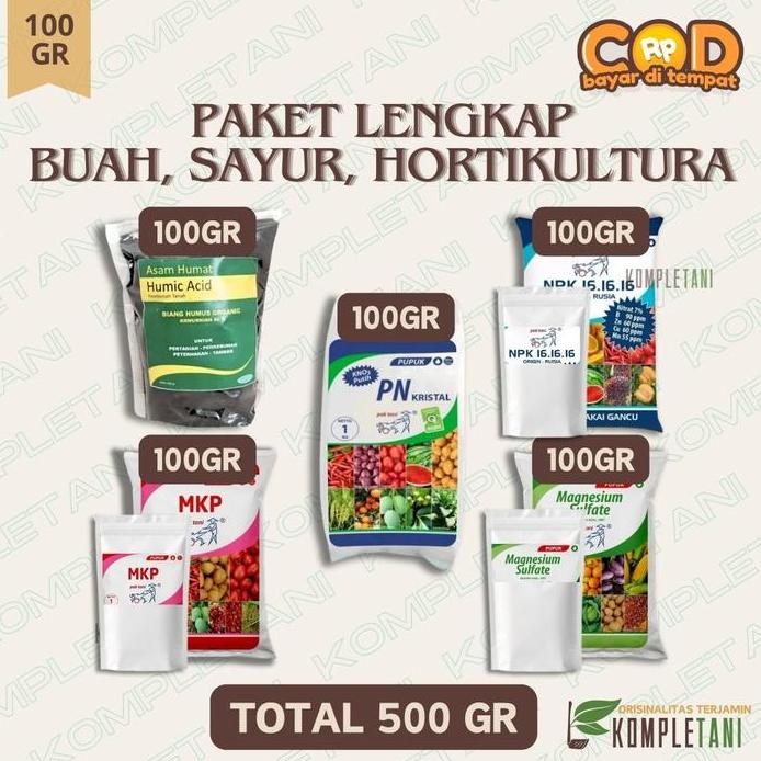 

Terlaris Paket Pupuk Lengkap Buah, Sayur, Hortikultura (100 Gr) - Mkp + Kno3 Putih Kristal + Asam Humat + Npk 16.16.16 Biru + Magnesium Sulfate