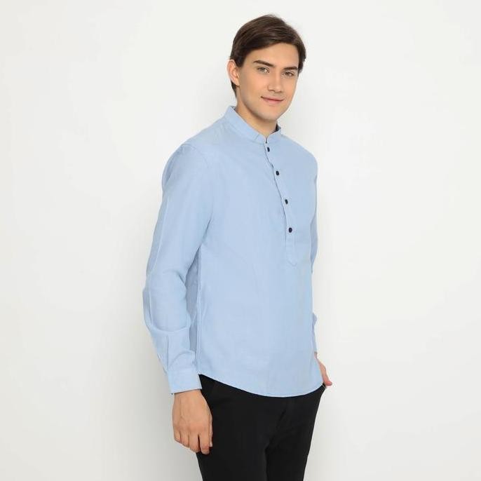 [NAFAZOL] Koko Pria Lengan Panjang Koko Tunik Pria Dewasa Katun Soft Blue Polos 3200