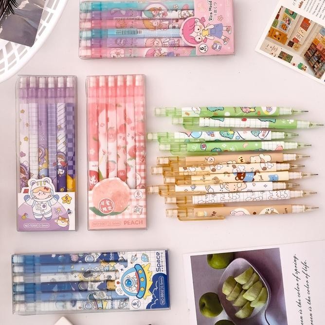 

Ready 1 Set 6Pcs Pensil Mekanik 0.5 Mm Motif Peach Dan Kartun Lucu Imut Lg