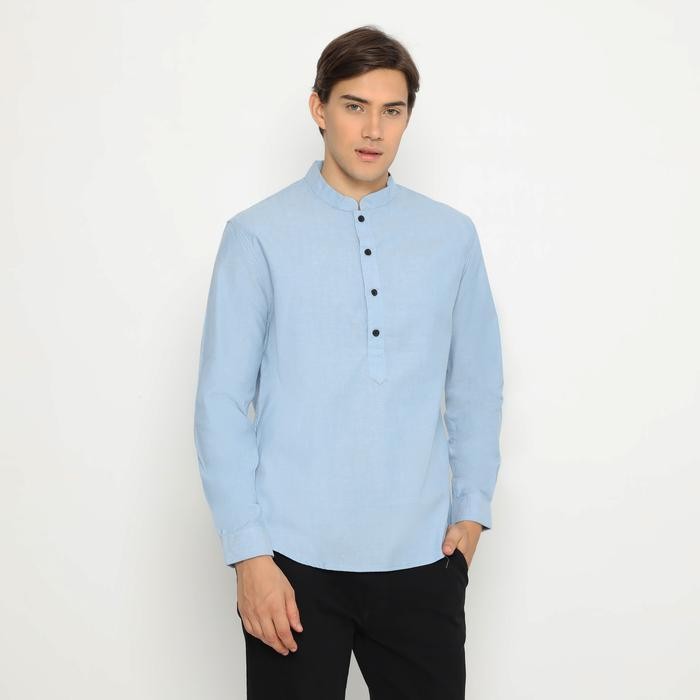 [NAFAZOL] Koko Pria Lengan Panjang Koko Tunik Pria Dewasa Katun Soft Blue Polos 3200