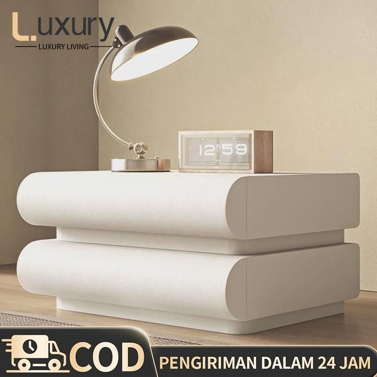 Meja Nakas Kayu 2 Laci Bedside / Lampu LED Smart Sensor Nakas Minimalis / Bedside Meja Samping