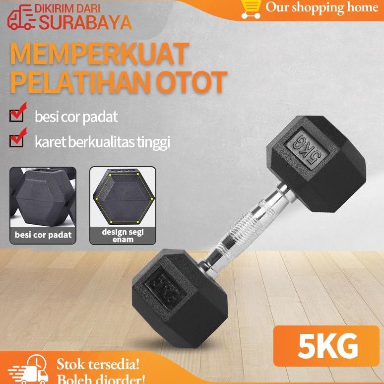 Hex Rubber Dumbell Hitam 5 Kg/Dumbell Karet Hexagonal 5 Kg/Barbel Karet Segi Enam 5 Kg