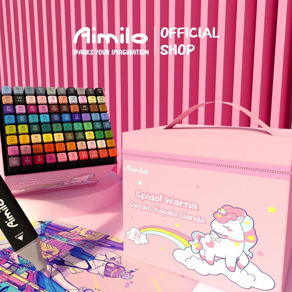 

[READY] Aimilo Spidol Warna Warni 1 Set Kemasan Kartun Sketch Marker 2 Tip Touch Marker 48/60/80 Warna