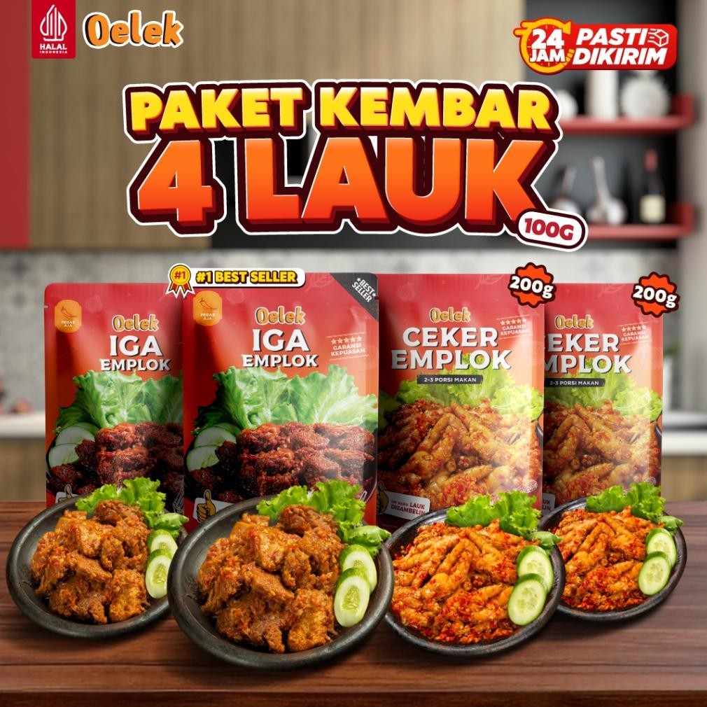 

Oelek Paket Kembar 4 Lauk 100gr / Lauk Siap Saji / Iga Emplok / Ceker Emplok / Cumi Cabe Ijo / Ayam Kecombrang