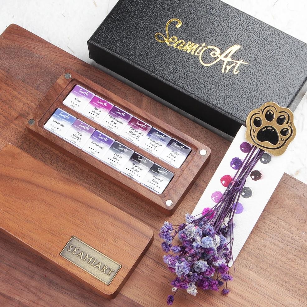 

Seamiart 12Color Amethyst Professional Solid Watercolor Set Purple Color System With Wooden Painting Box Palette