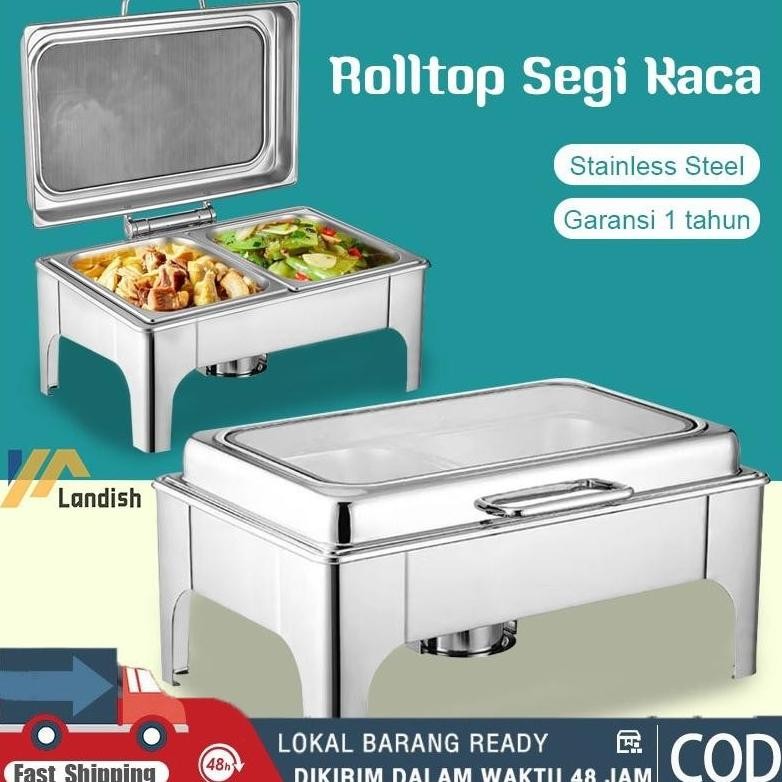 Prasmanan Jumbo 2 Sekat Rolltop Segi Kaca Catering 12L Stainless Steel Chafing Dish Pemanas Bulat pr