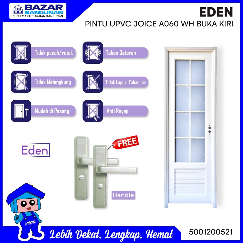Eden - Pintu Kamar Mandi Wc Upvc Joice A060 A 060 WH Buka Kiri White