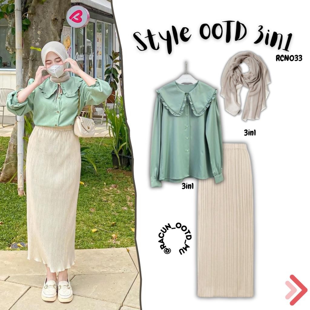 Ootd One Set 3In1 Kekinian Wanita Kemeja Korea Rempel | Rok Span Plisket Hijab Segi 4 Paris Premium