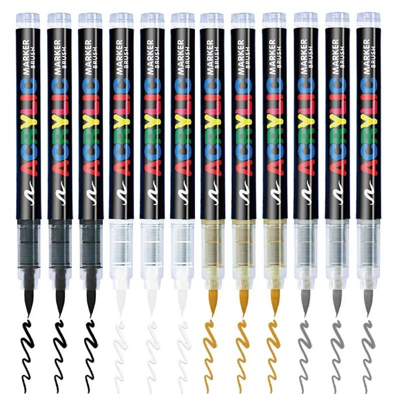 

4Pcs/12Pcs Acrylic Marker Brush Pens Black/White/Gold/Sliver Paint Art Markers For Rock Painting Stone Ceramic Glass Wood