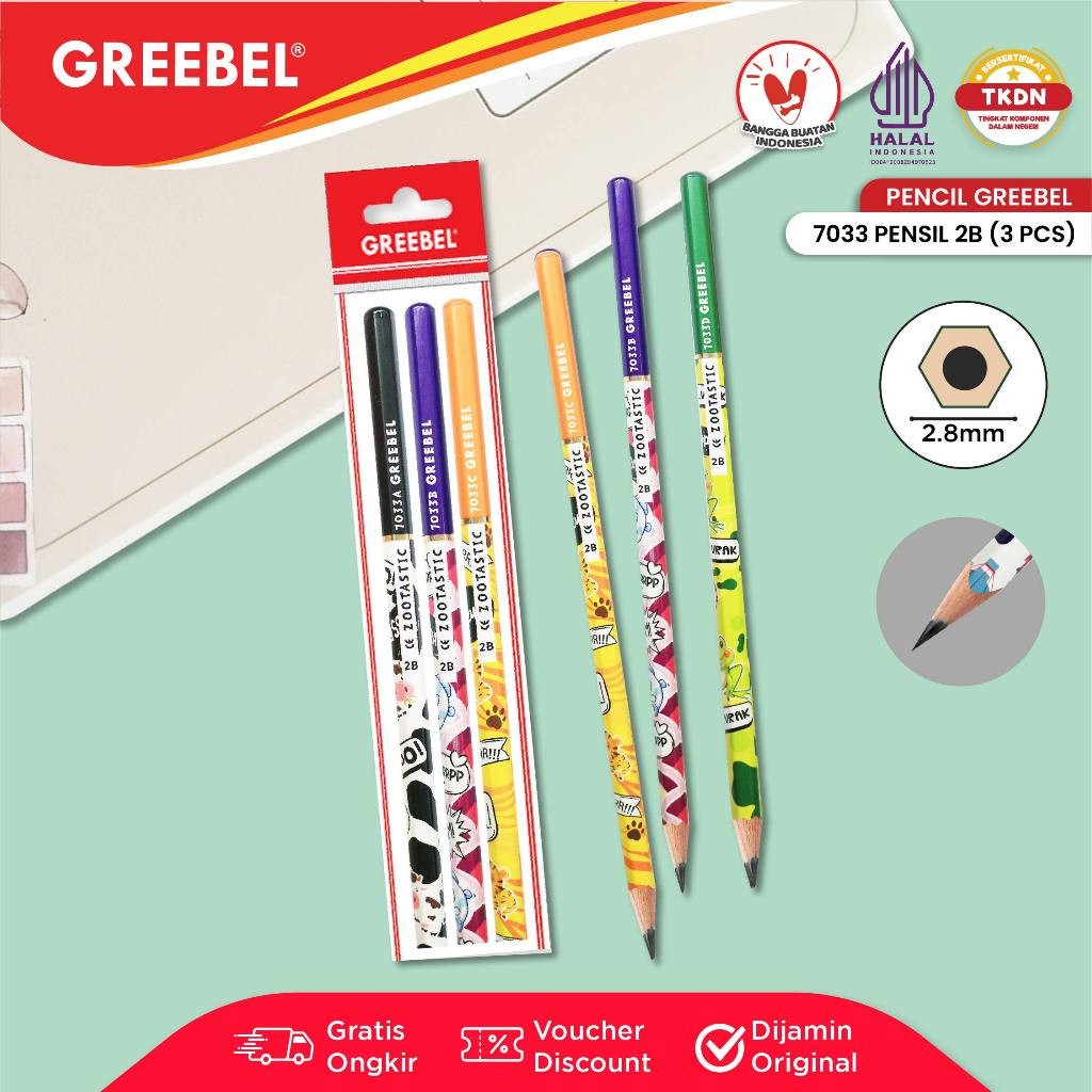 

GREEBEL Pensil Tulis 2B 7033 Zootastic (3PCS/SET) Pensil Kayu Ujian / Pencil Grafit Graphite / Pensil Gambar