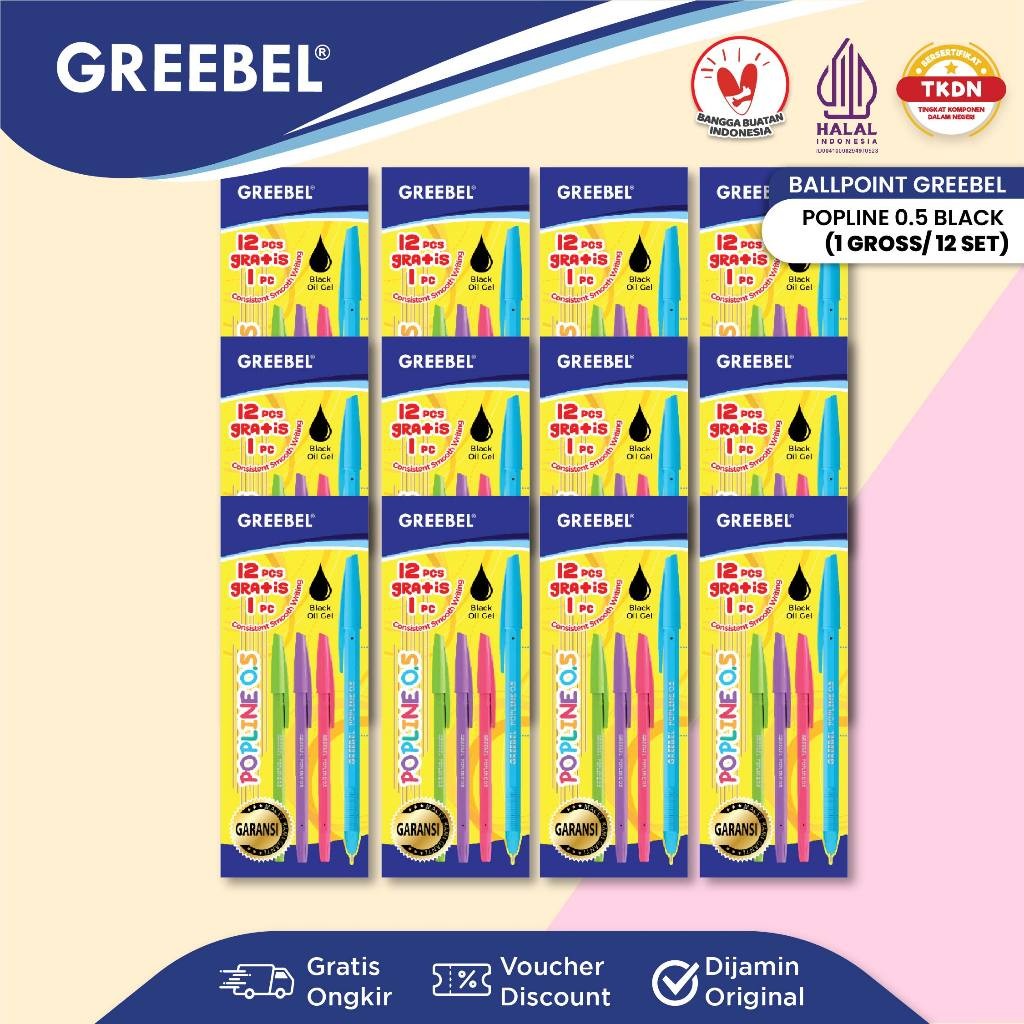 

NEW PRODUCT GREEBEL PULPEN BALLPEN / POPLINE HITAM 12 LUSIN (1 GROSS= 156 PCS) / BALLPOINT BOLPEN