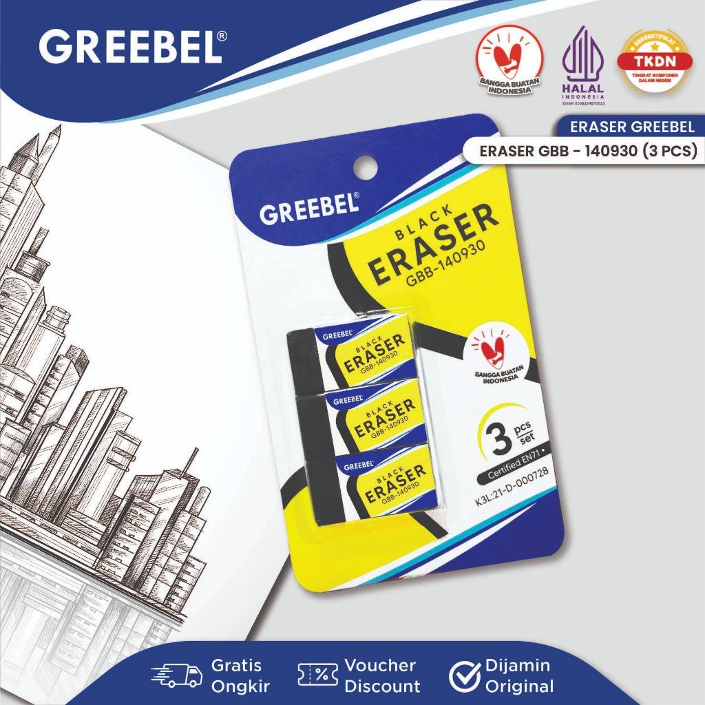

GREEBEL Eraser Penghapus Hapusan Stip GBB- 140930 (Blister 3PCS/SET) / Penghapus Pensil Alat Tulis Sekolah
