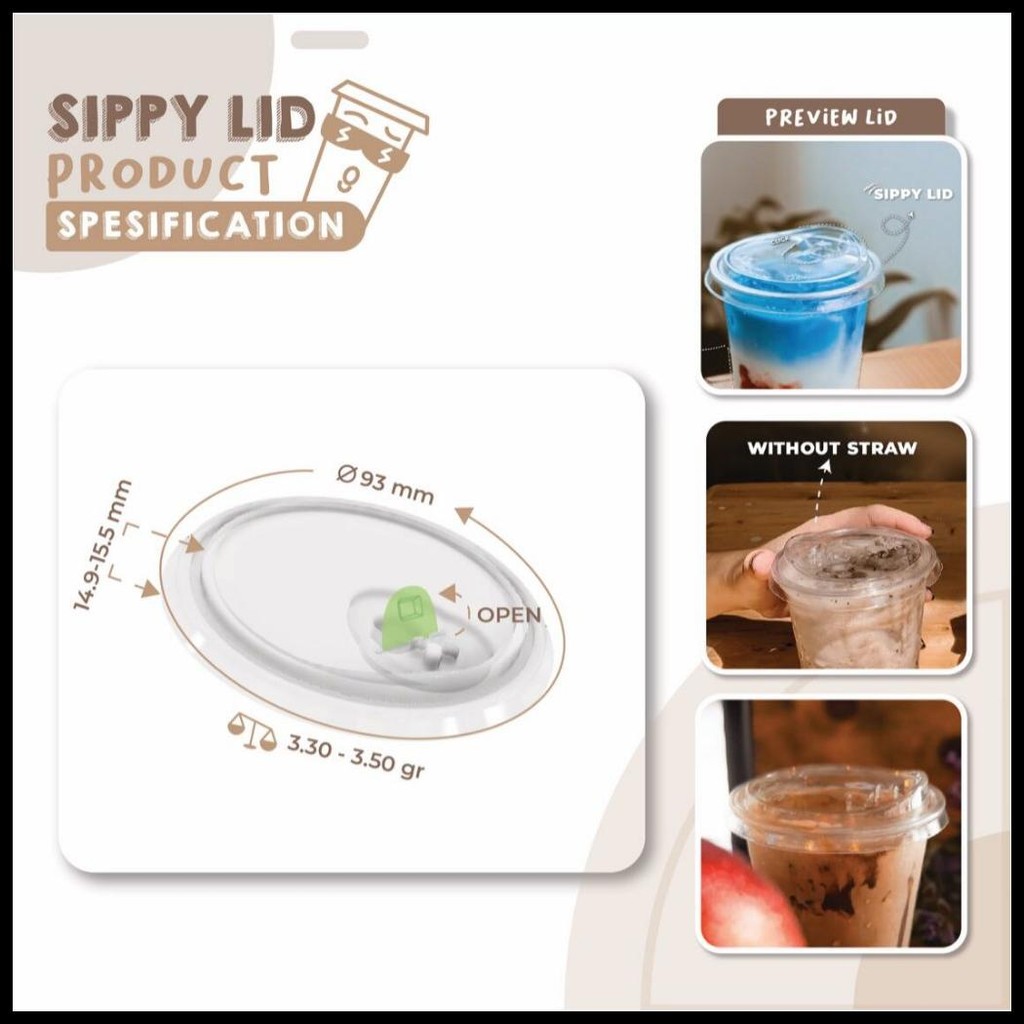 TUTUP CUP GELAS PET STRAWLESS 93MM SIPPY LID / TUTUP PLASTIK CUP ANTI TUMPAH TANPA SEDOTAN