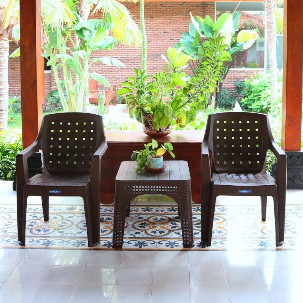 NEW 1 Set 2 Kursi Santai Plastik OL 507 Rotan + Meja / Kursi Teras / Kursi Taman / 1Set Kursi Taman 