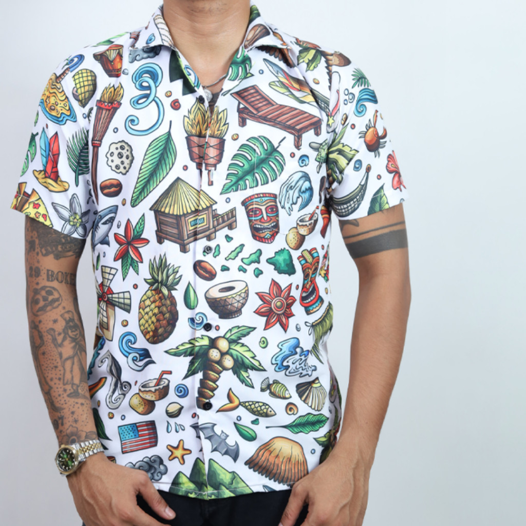 GOKS Baju Kemeja Motif Cowok Cewek Bali Pantai Surfing Hawai Dowear Kemeja Jumbo HAWAI PUTIH 025