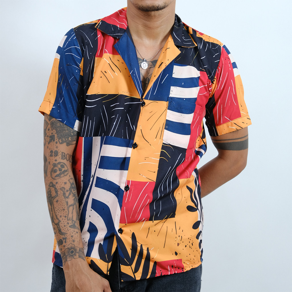 GOKS Baju Shirt Kemeja Motif Pria Wanita Unik Bermotif Kekinian Oversize Jumbo 291 ABSTRAK KUNING