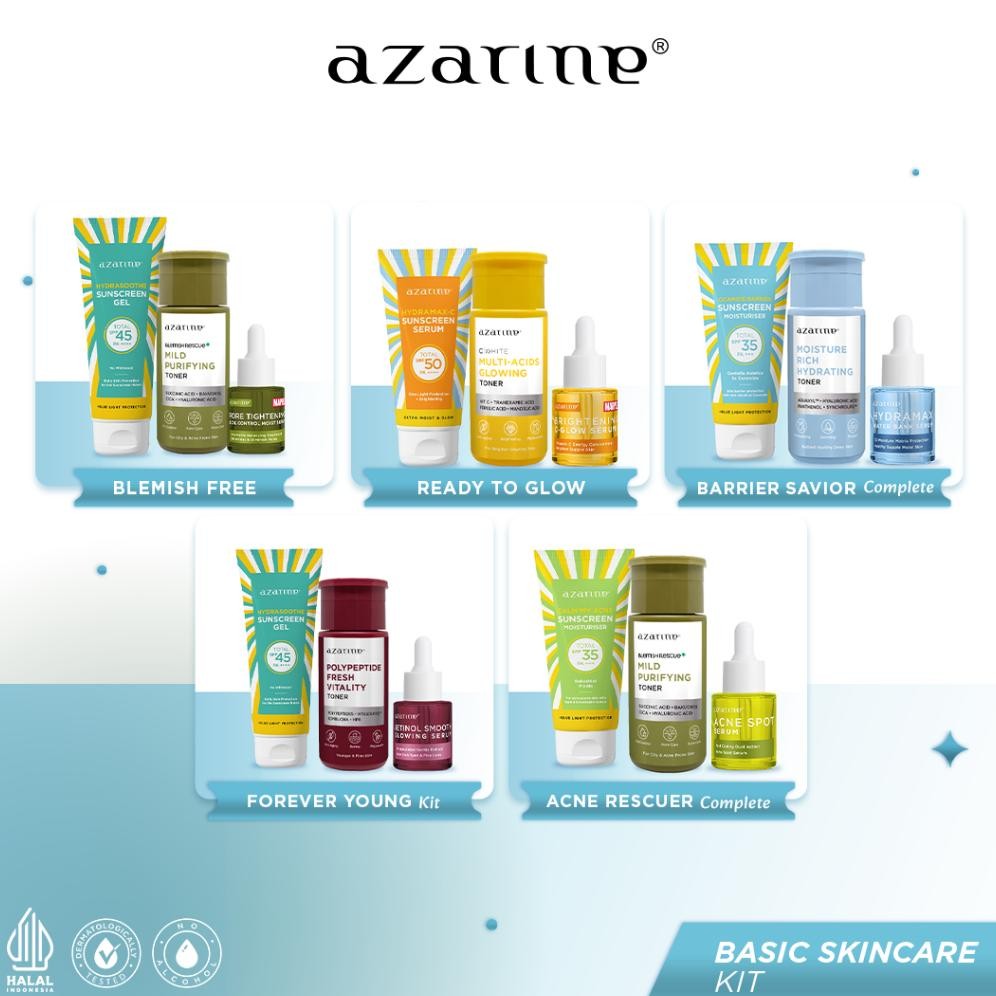 Azarine Basic Skincare Kit (Sunscreen + Toner + Serum) [3PCS] Paket TRIAL KIT KULIT KOMBINASI SENSIT