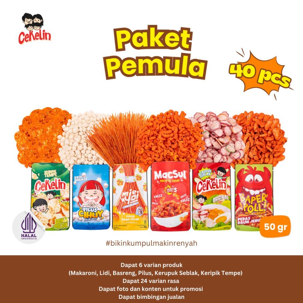 

TERMURAH CEKELIN Cemilan Paket Pemula 40pcs Makaroni Mie Lidi Pilus Kerupuk Seblak Basreng Keripik Tempe Siap kirim