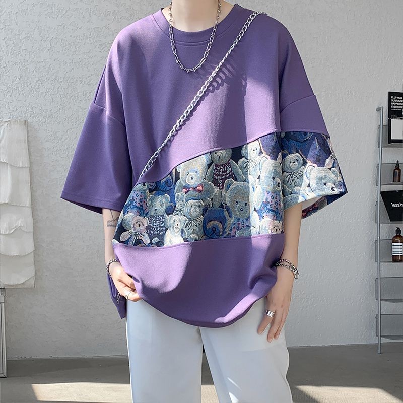 Kemeja Lengan Pendek Pria Ungu Plum Tua T Atasan Lengan Tiga Perempat