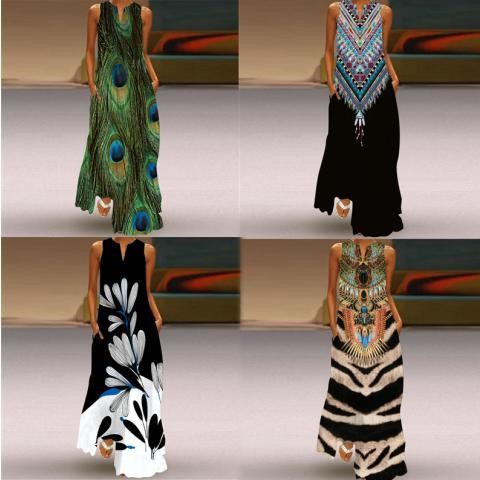 New Style European and American Women's Sleeveless Long Dress v Vintage Floral Print Dress with Coll