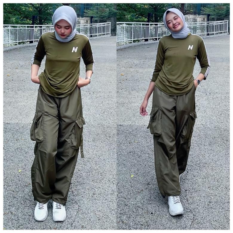 Ready Mix Atasan Baju Senam N Petir Army Lis Putih Dan Cargo Harajuku Army Lis Putih (Bisa Dibeli Te