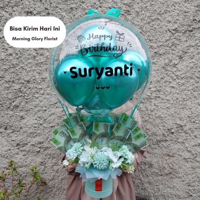 Balon Bouquet Buket Bucket Uang + Bunga (Isi Uang Sendiri) - MG
