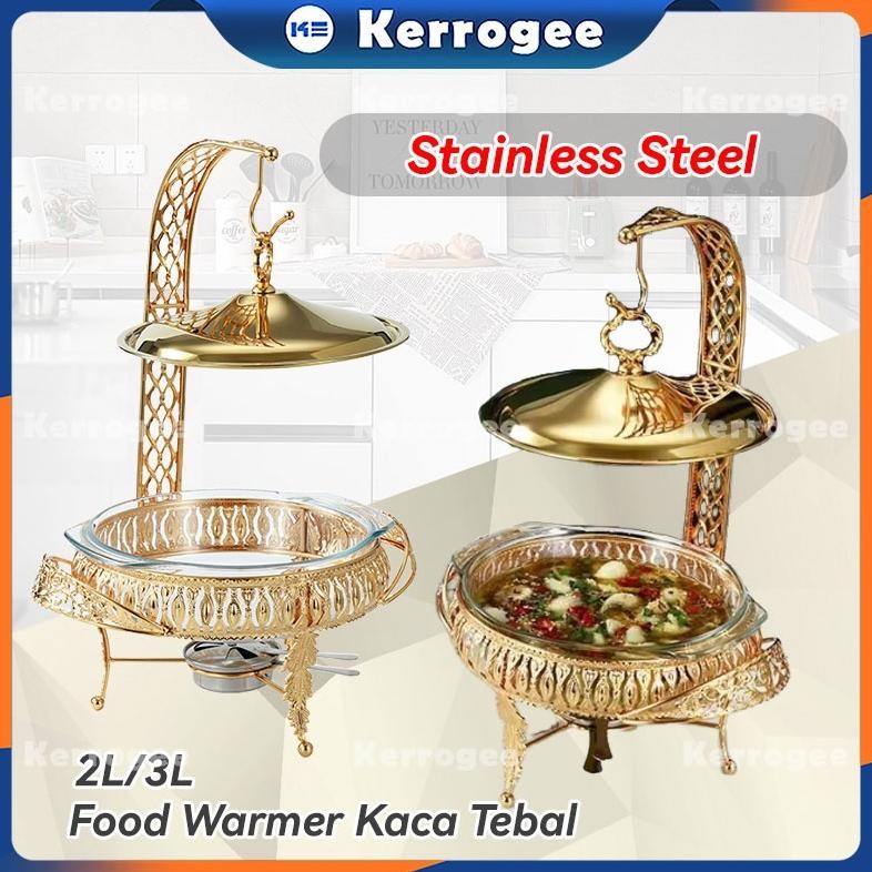 (Ready) Food Warmer Wadah Kaca Tebal Gold Gold Rolltop Hanging Chafing 2L/3L Cover Chafer Perasmanan