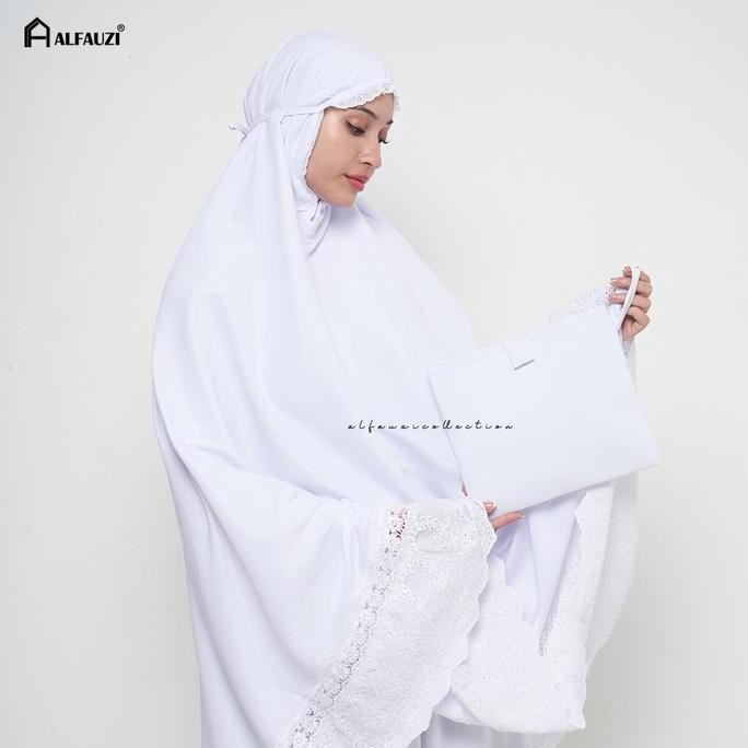 new ALFAUZI - Mukena Dewasa Putih Polos Renda Bordir | Mukena Aisyah Atasan Bawahan Katun Cream mura