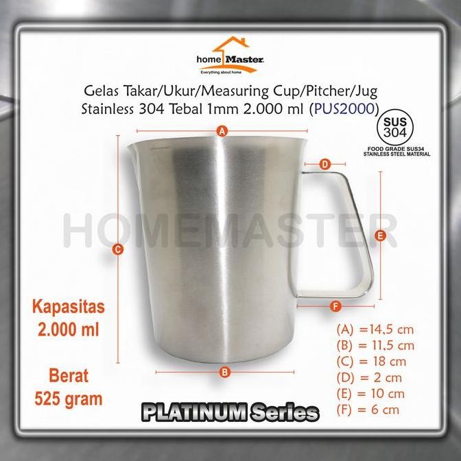 Tersedia Gelas Takar/Ukur/Measuring Cup/Pitcher/Jug Stainless 2000 Ml PUS2000