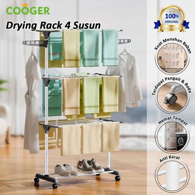COOGER Rak Jemuran Baju Stainless Steel Rak Jemuran Handuk 4 Susun