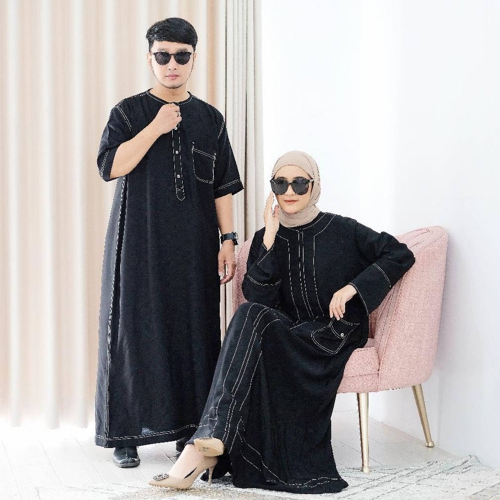 PJ24 RHH-1823 Aviza Couple Sarimbit Black Series Jubah Abaya Set Lebaran Keluarga 2024 Bahan Lembut 
